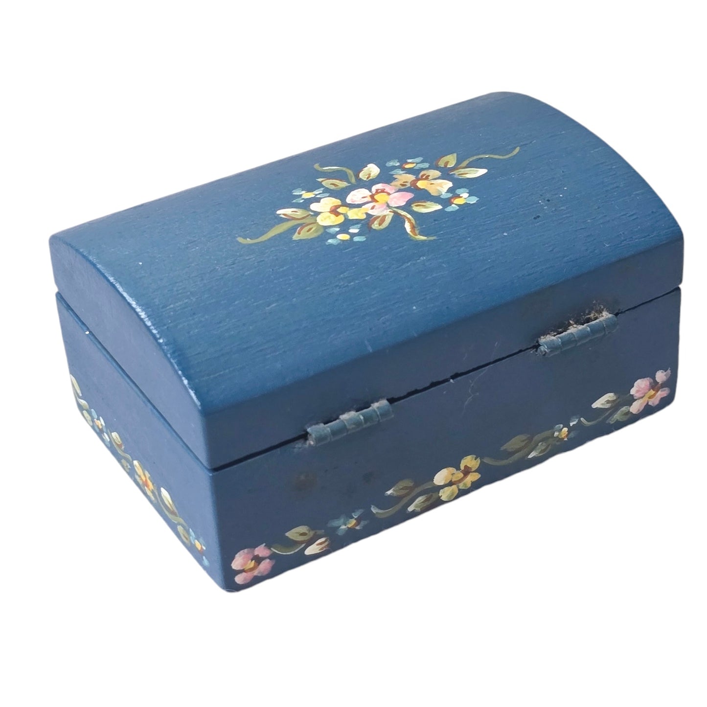 El Salvador Hand-Crafted Hinged Wooded Box, Floral Painted Blue Wooden Box