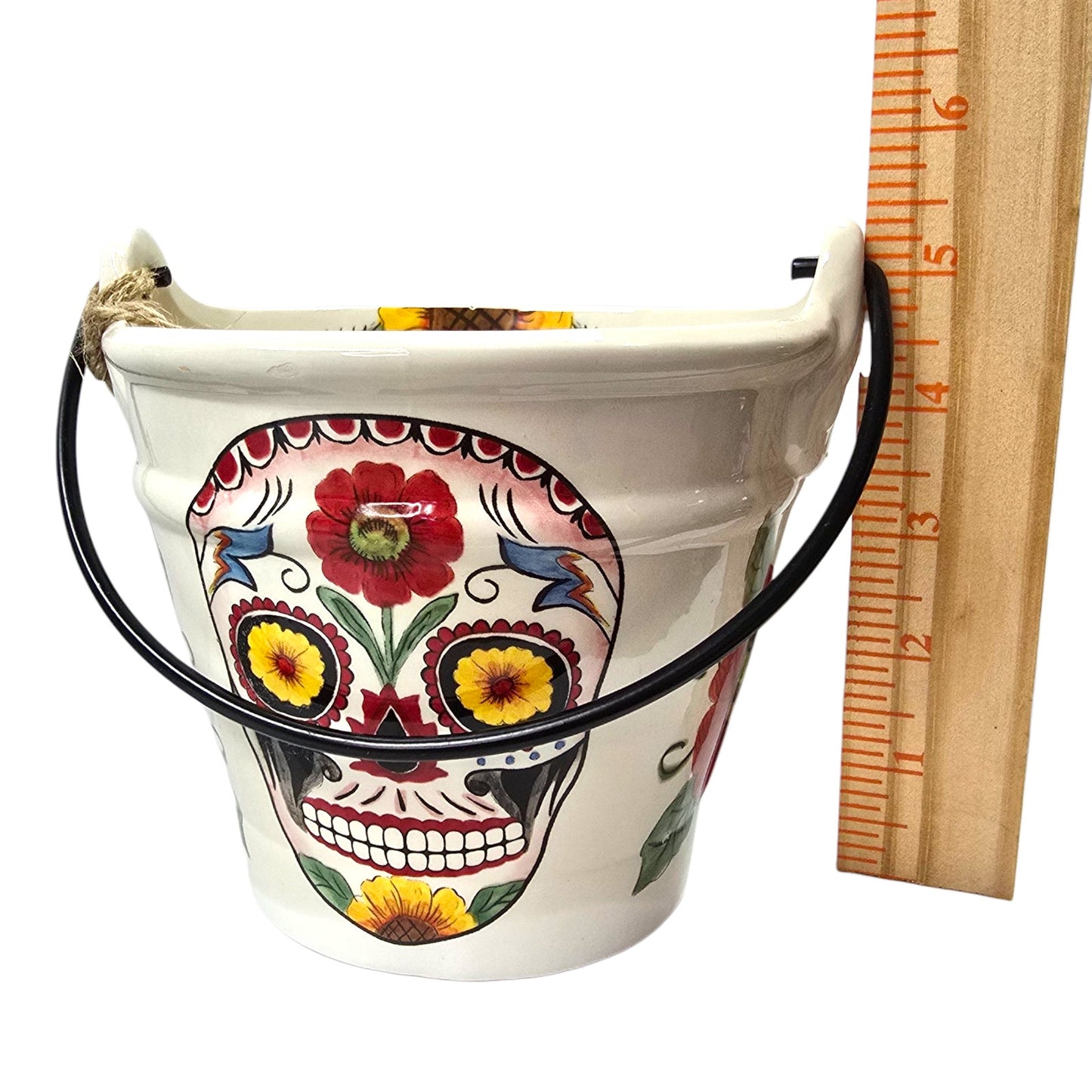 Maxcera Decor of the Dead Sugar Skull Ceramic Bucket Halloween Dia de los Muertos