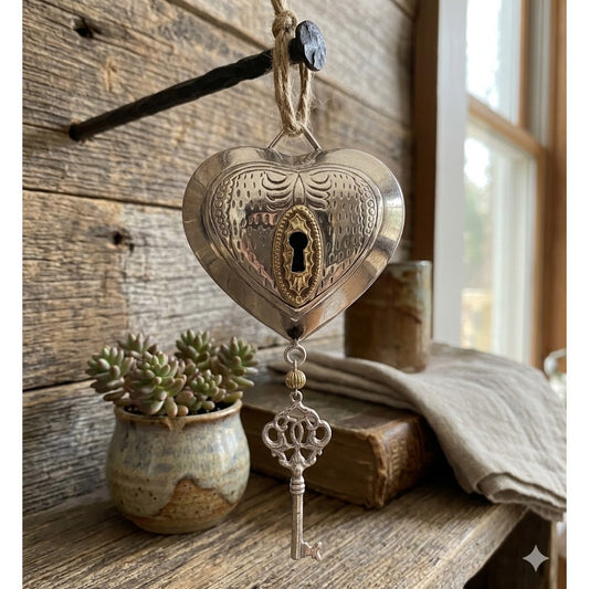 Vintage Metal Puffy Heart Hanging Decor Brass Keyhole & Hanging Skeleton Key