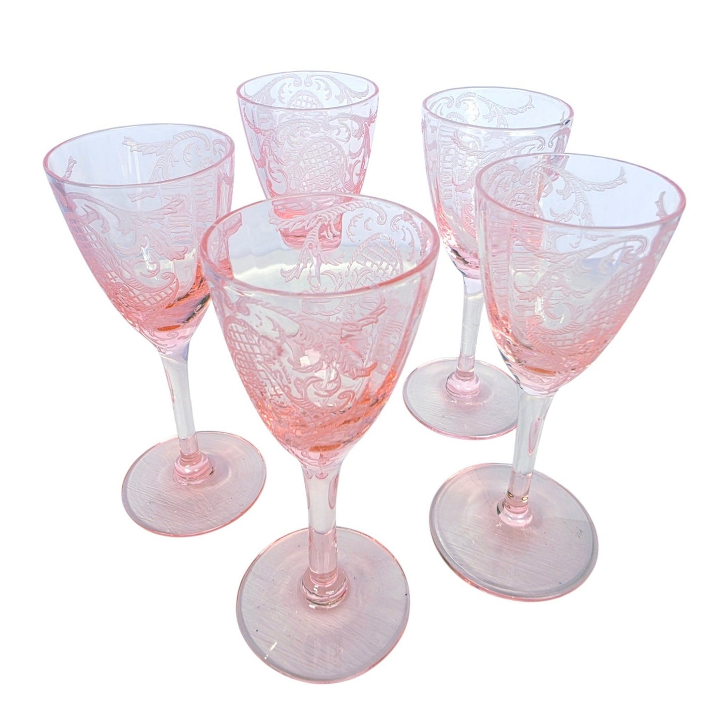 Rare 1929 Cambridge Glass Etched Pink Cordials Etch 740 Stem 3050 Set of 5