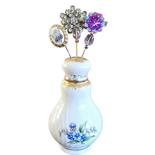 Vintage Shafford Forget Me Not Salt Shaker Hat Pin Display
