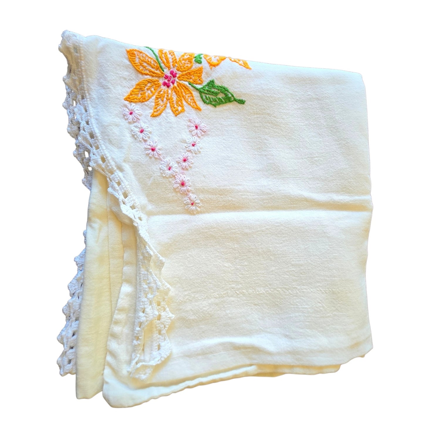 Vintage Embroidered Marigold Daisy Floral Pillowcase Crochet Lace