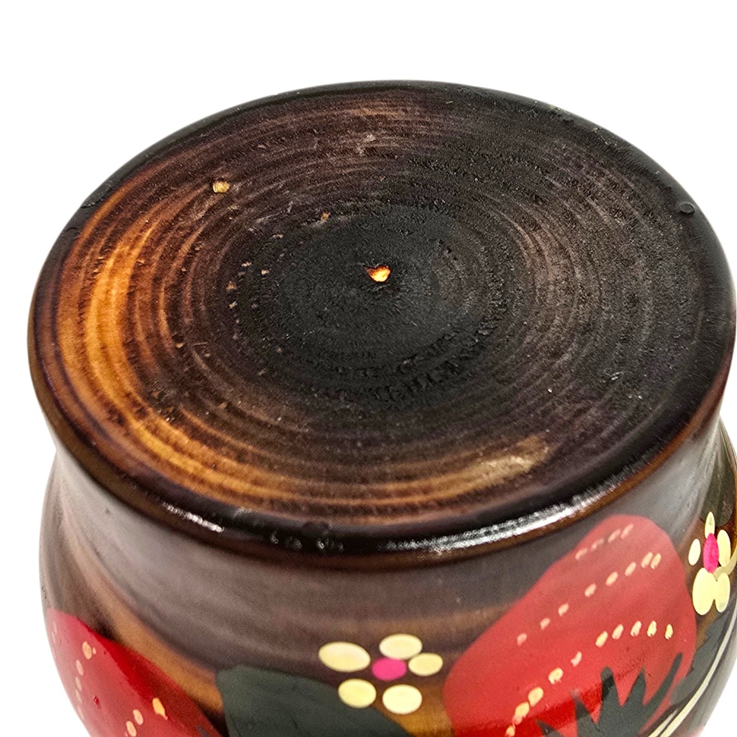 Vtg Hand Painted Strawberry Wooden Lidded Jar Rustic Folk Art Hand Turned 3.5"