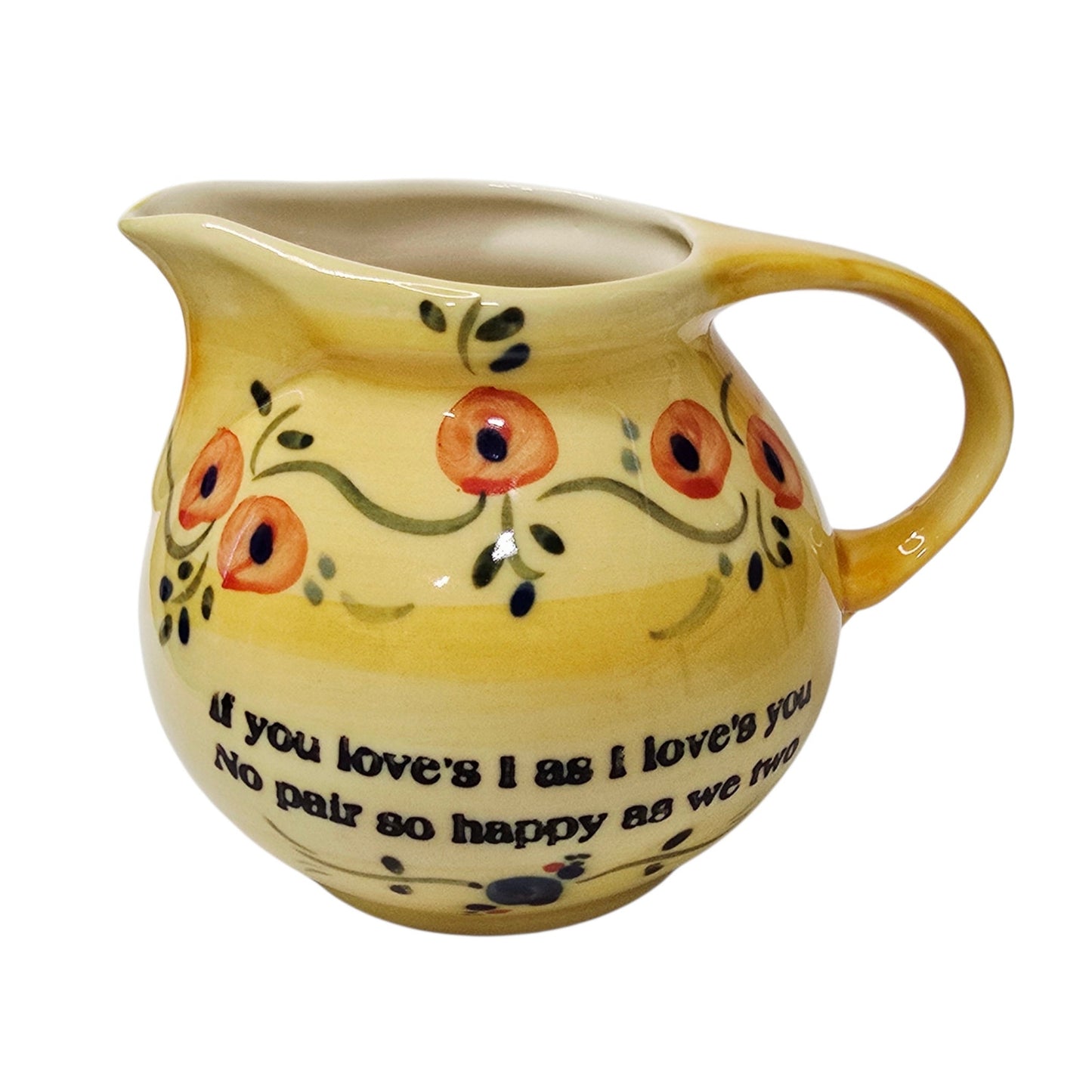 Vintage Yellow Pottery Pitcher Motto Ware Stenciled Quote Floral Small Creamer