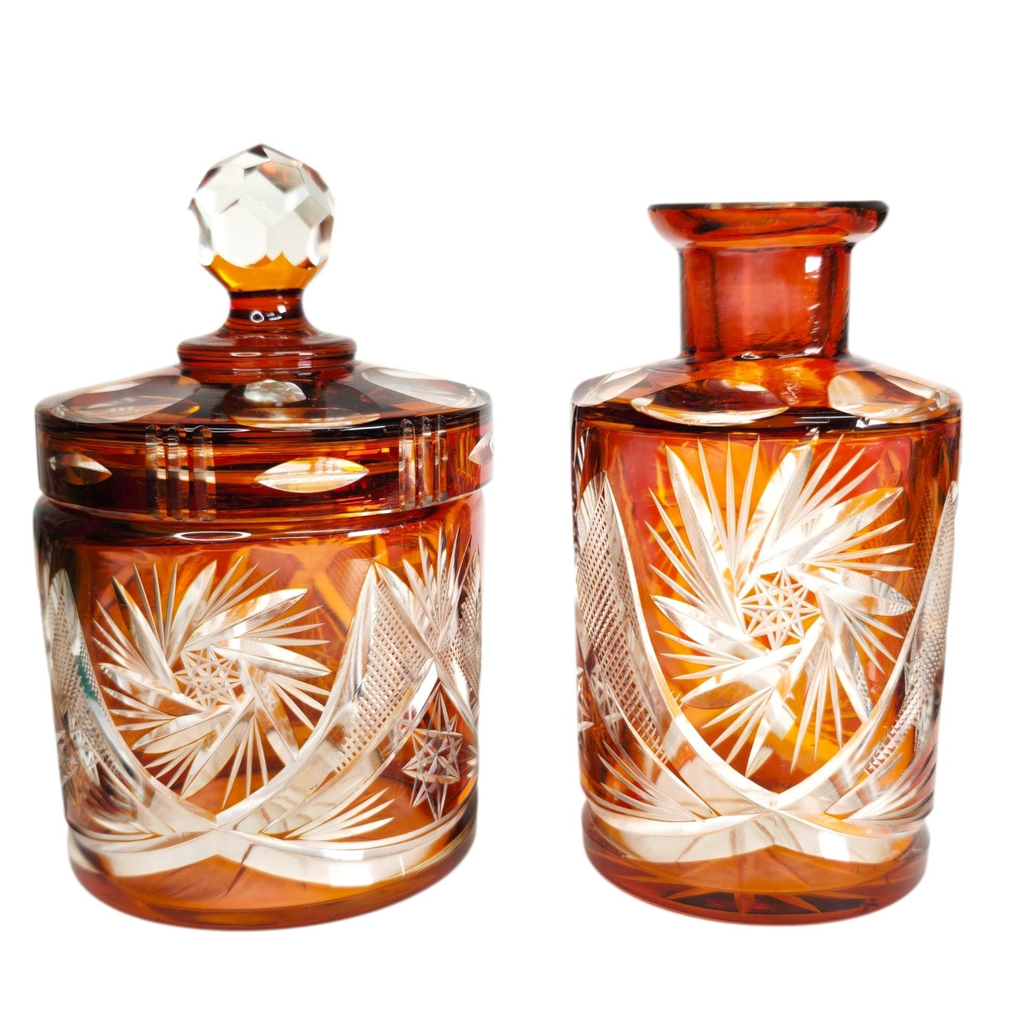 Vtg Amber Bohemian Cut Glass Vanity Set 5‑Piece Jewelry Dresser Set Orange-Brown