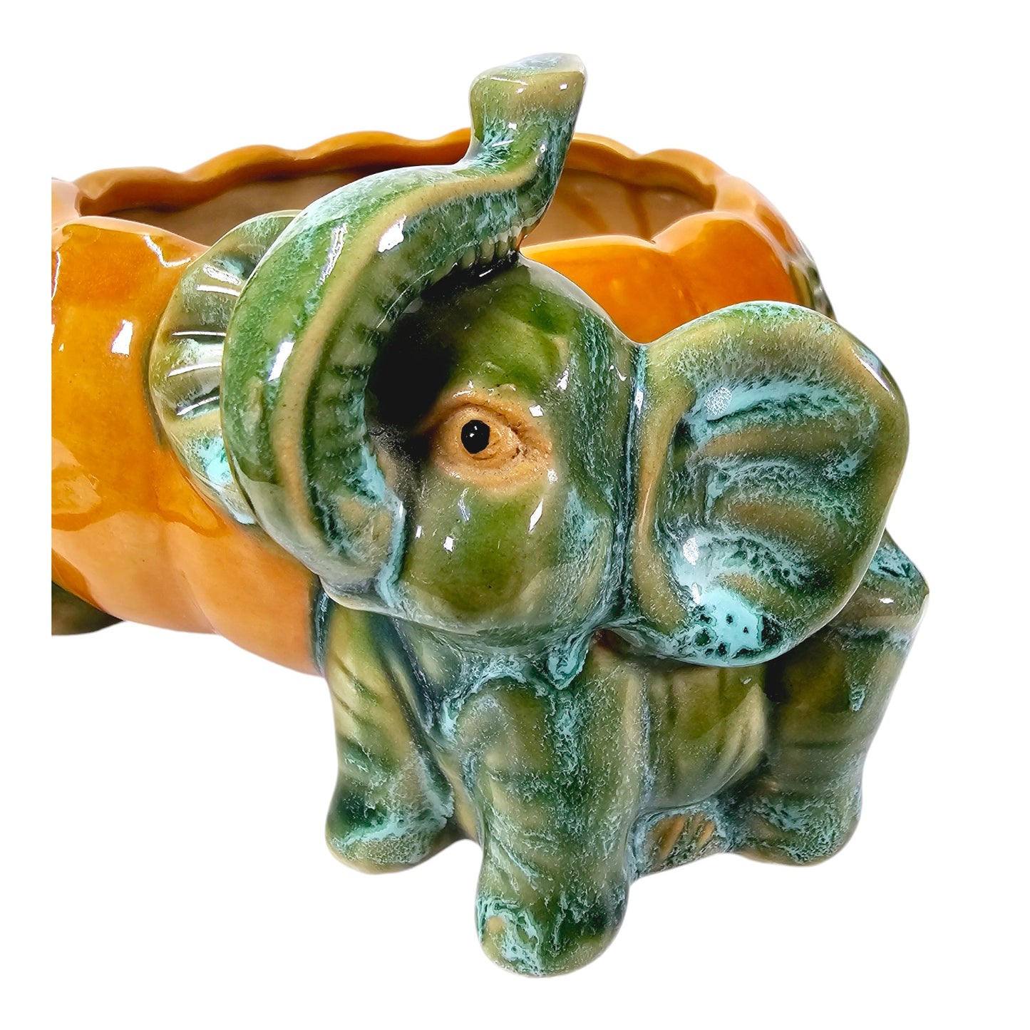 Vintage Majolica Pottery Two-Trunks Up Elephant in Orange Pumkin Planter Pot, 4" H