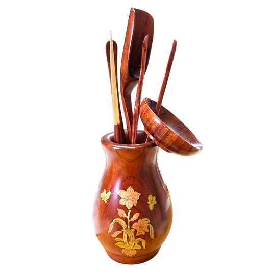 Gongfu Tea Wooden Tea Utensil Set with Brass and Copper Inlay