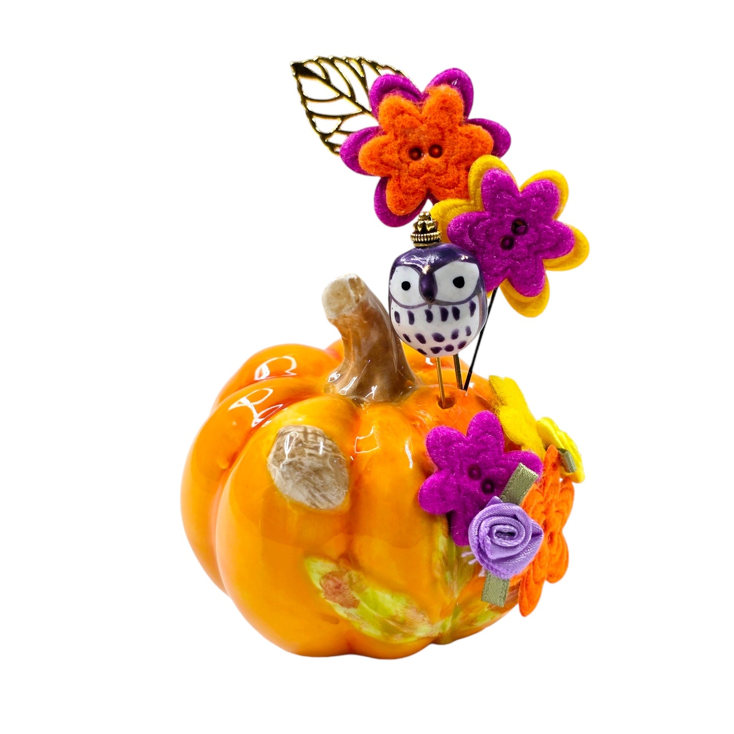 Pumkin Shaker with Felt Flowers and Owl Hat Pins