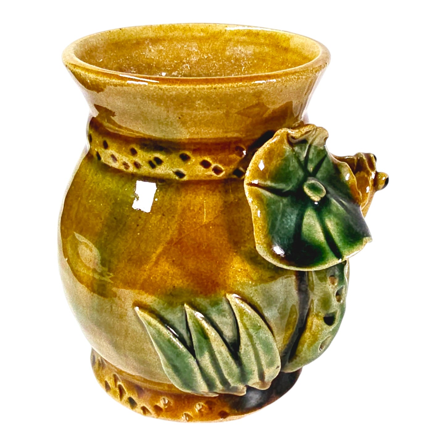 Vintage Majolica Pottery Lucky Bamboo with Frog Pot, 4.1" H