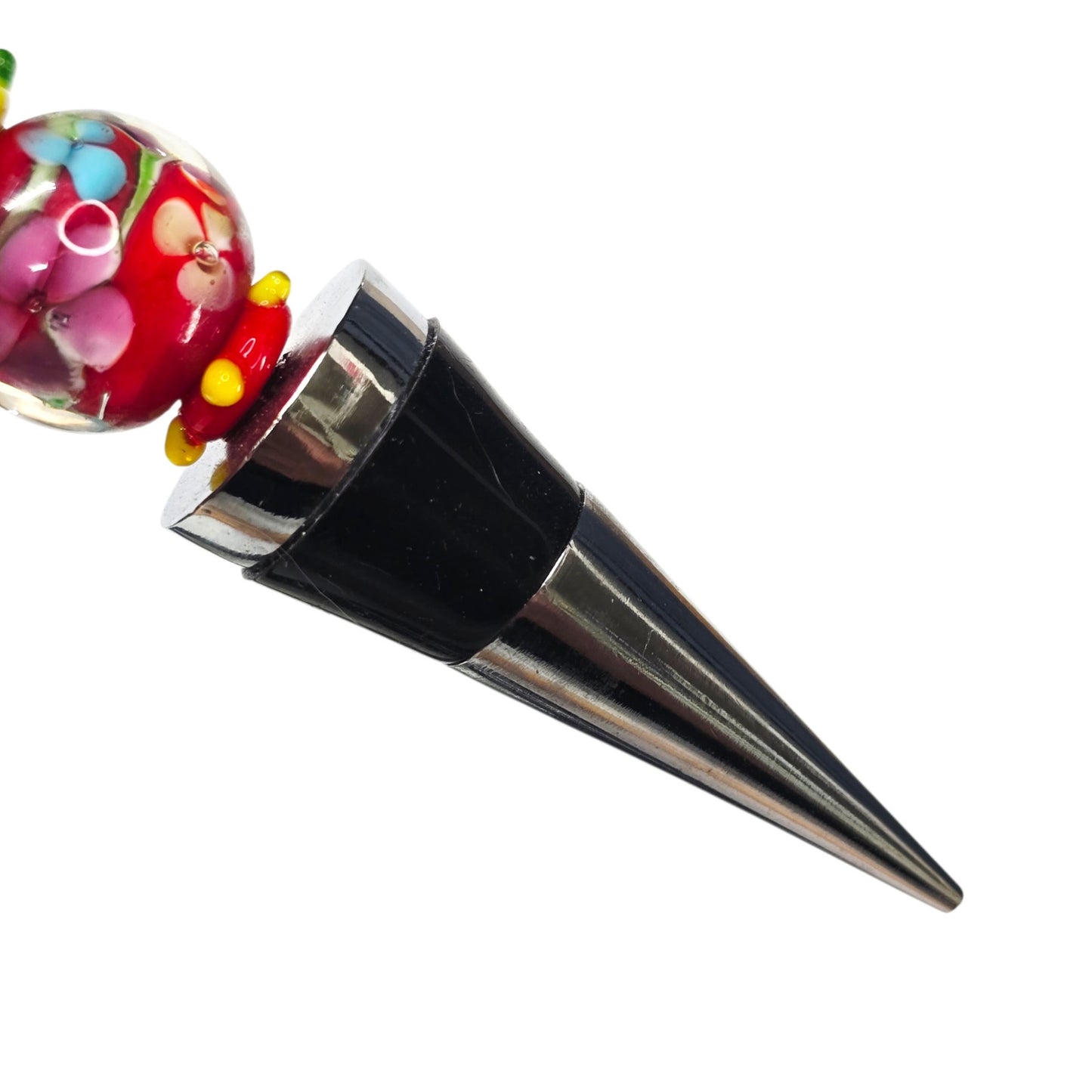Bottle Stopper Blue Green Red Art Glass Bead Style Chrome Rubber BoHo Wine 5"