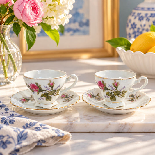 Vintage Royal Sealy Japan Floral Porcelain Teacups & Saucers, Set of 2
