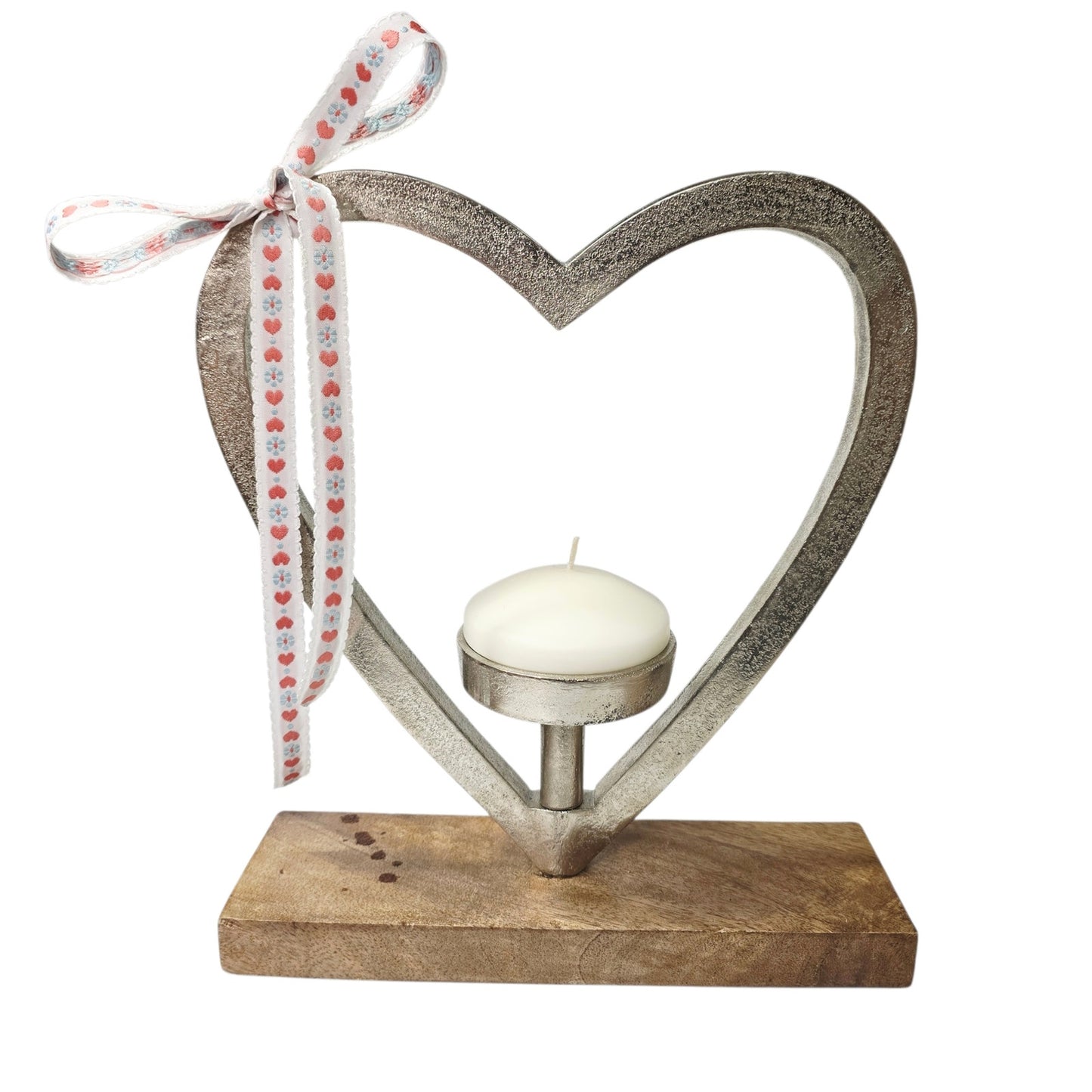 Heart-Shaped Candle Holder Silver-Finished Aluminum & Mango Wood India Valentine