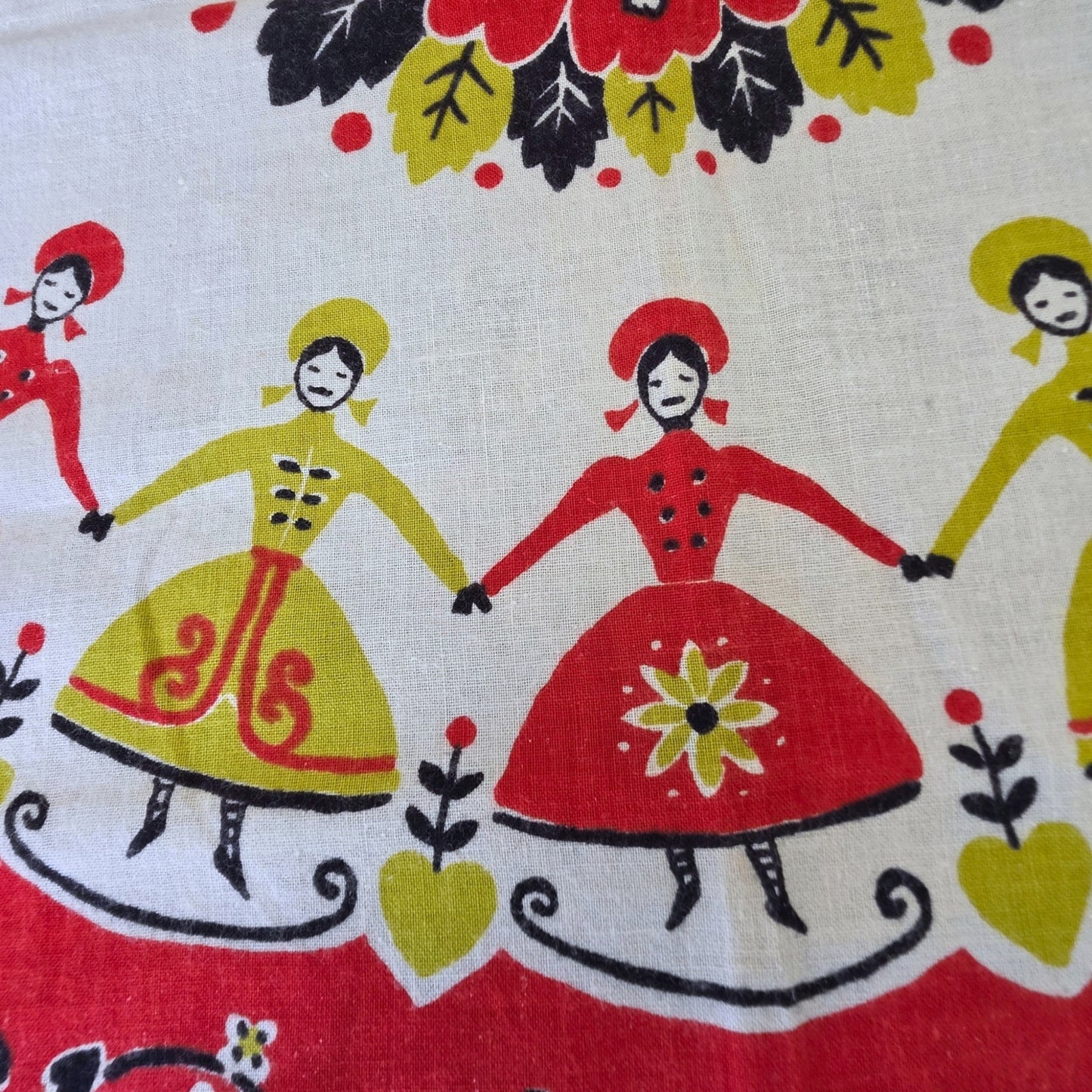 Startex Wonder-Dri Kitchen Towel Vintage Folk Art Dancers Floral Red White