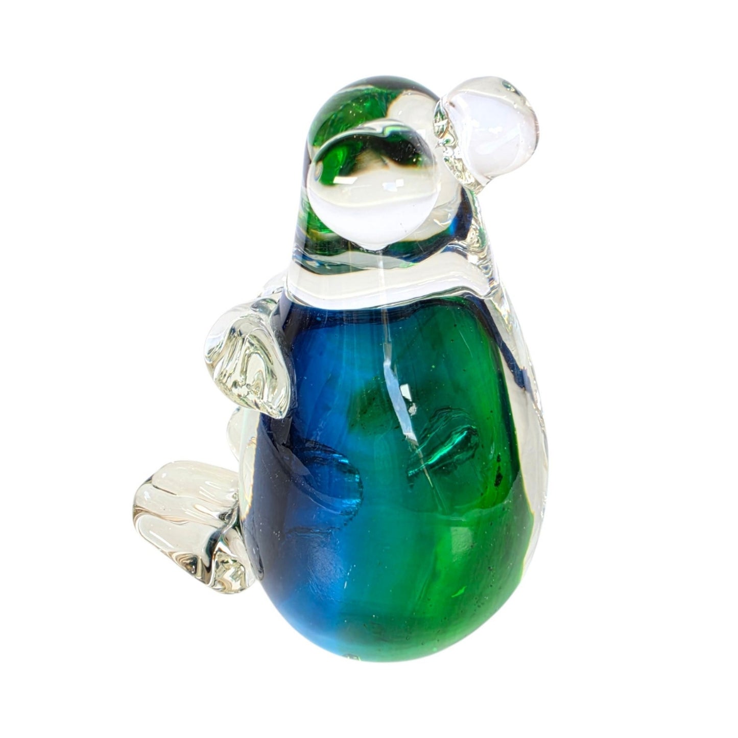 Vintage Art Glass Mouse? Koala? Figurine Paperweight Blue Green Cased Clear