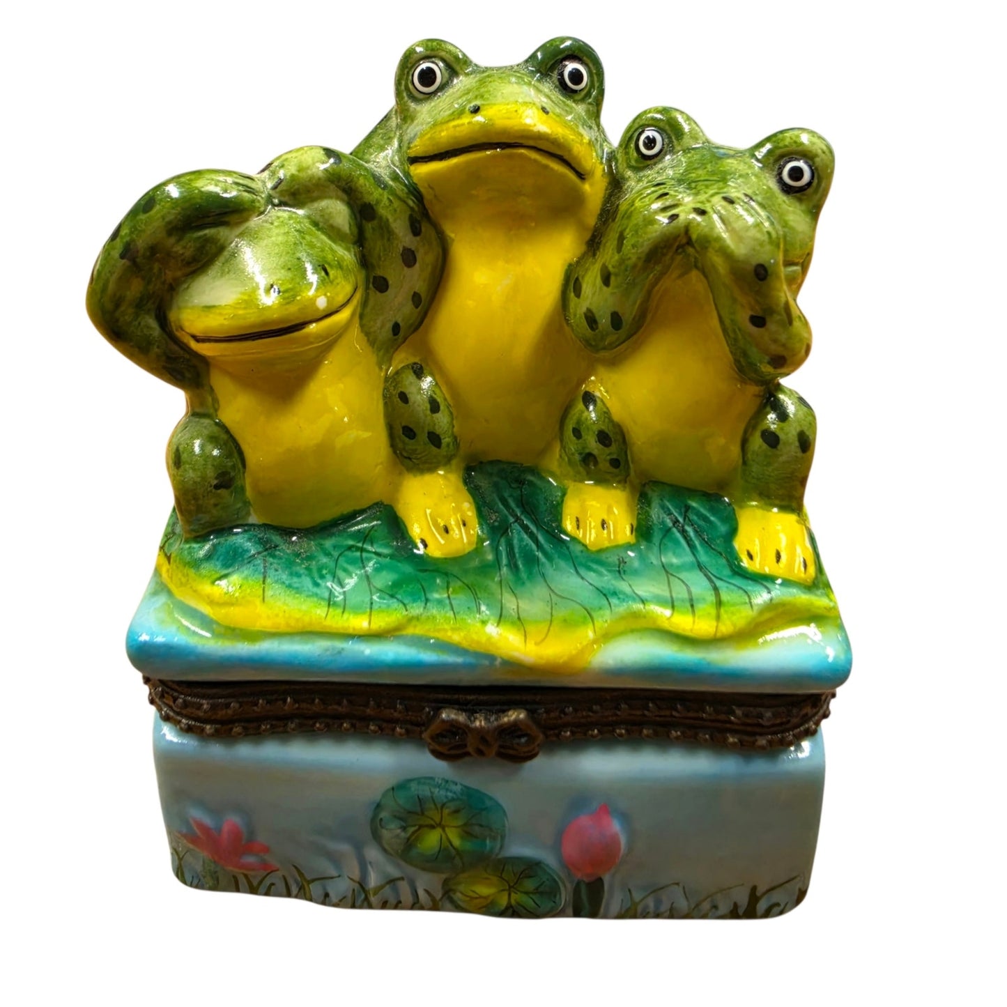 Vintage Three Wise Frogs Ceramic Hinged Trinket Box See Hear Speak No Evil