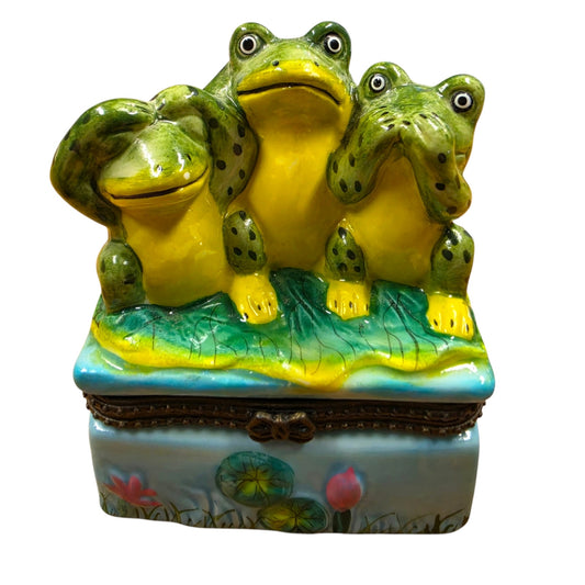 Vintage Three Wise Frogs Ceramic Hinged Trinket Box See Hear Speak No Evil