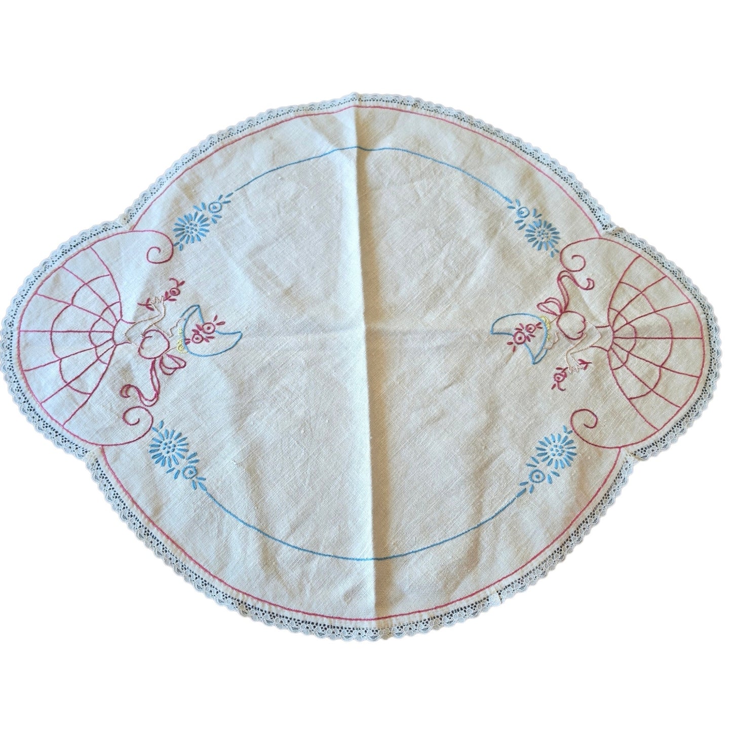 Vintage Crinoline Lady Embroidered Dresser Scarf & Crochet Doily Set Centerpiece