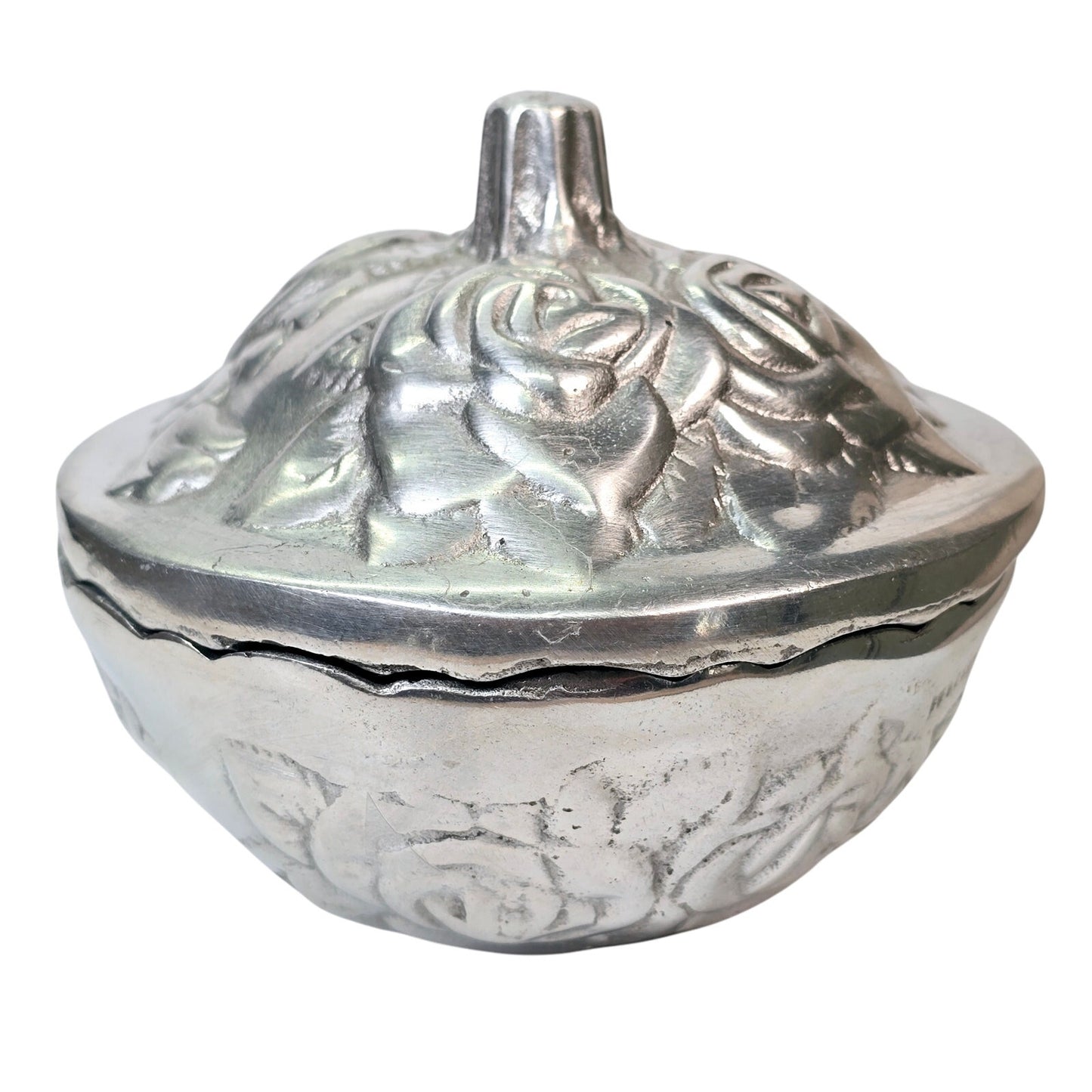 Vintage Cast Metal Embossed Rose Lidded Bowl