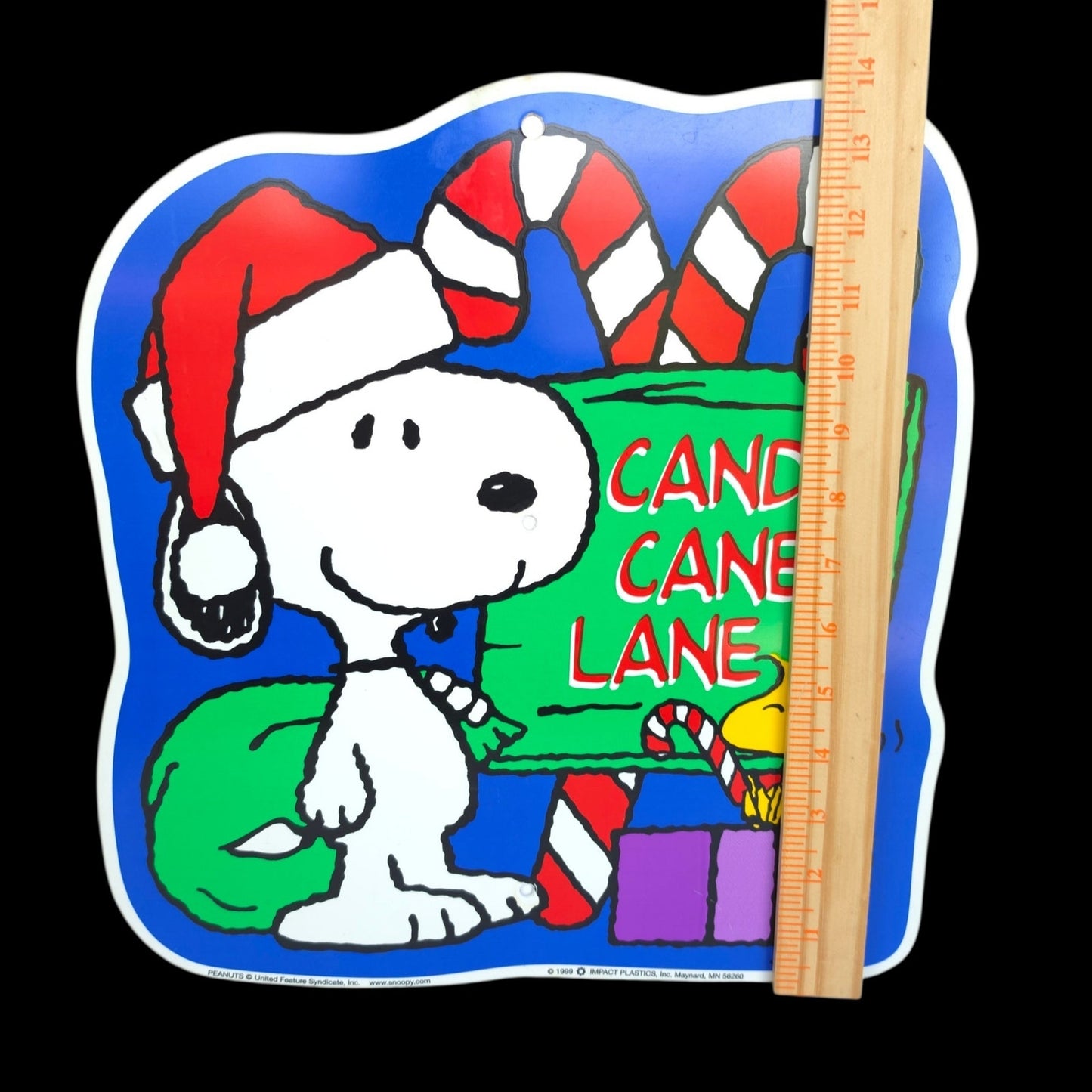 Vtg 1999 Peanuts Snoopy Candy Cane Lane Holiday Wall Sign Impact Plastics USA