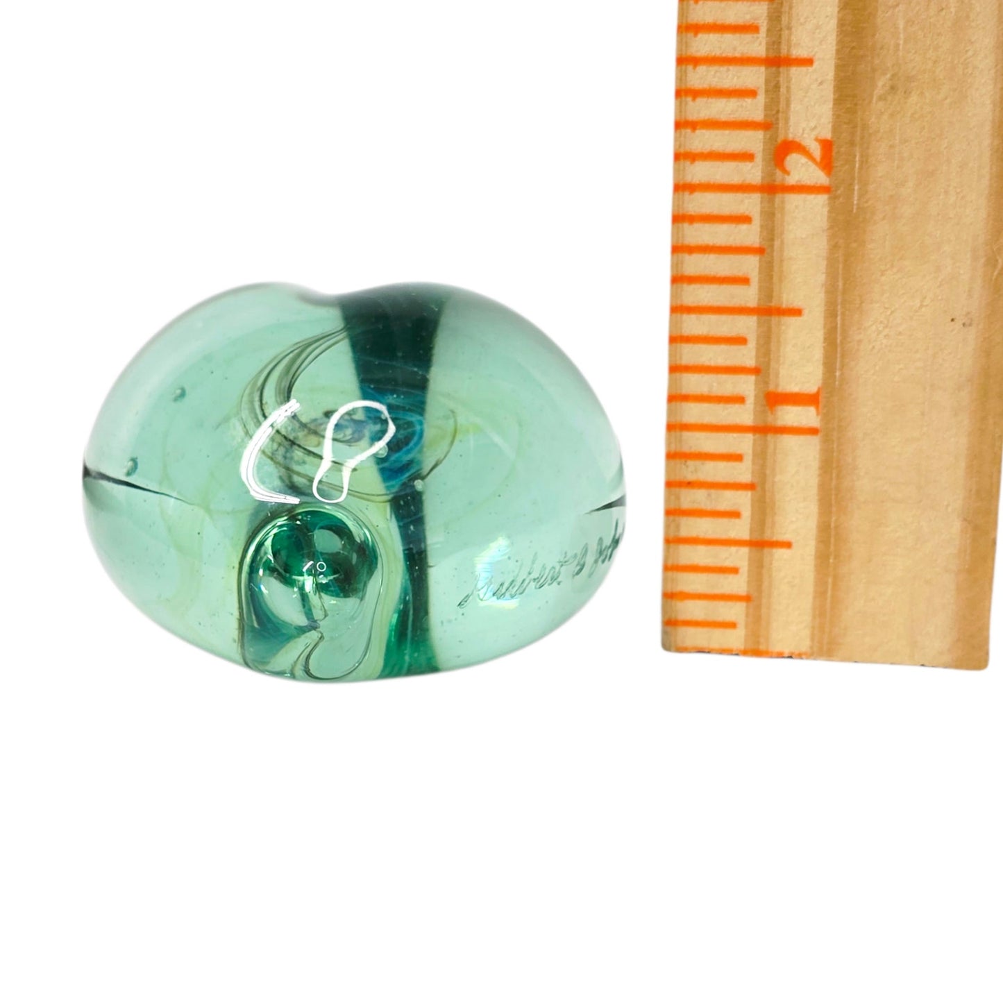 Signed Gilbert C. Johnson 1991 Art Glass Heart Paperweight Blue Green Vortex