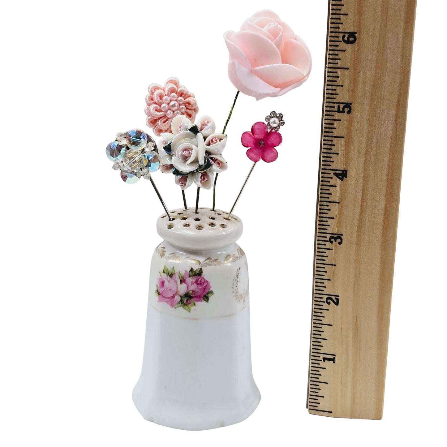 Vintage Pink Floral Salt Shaker Hat Pin Display