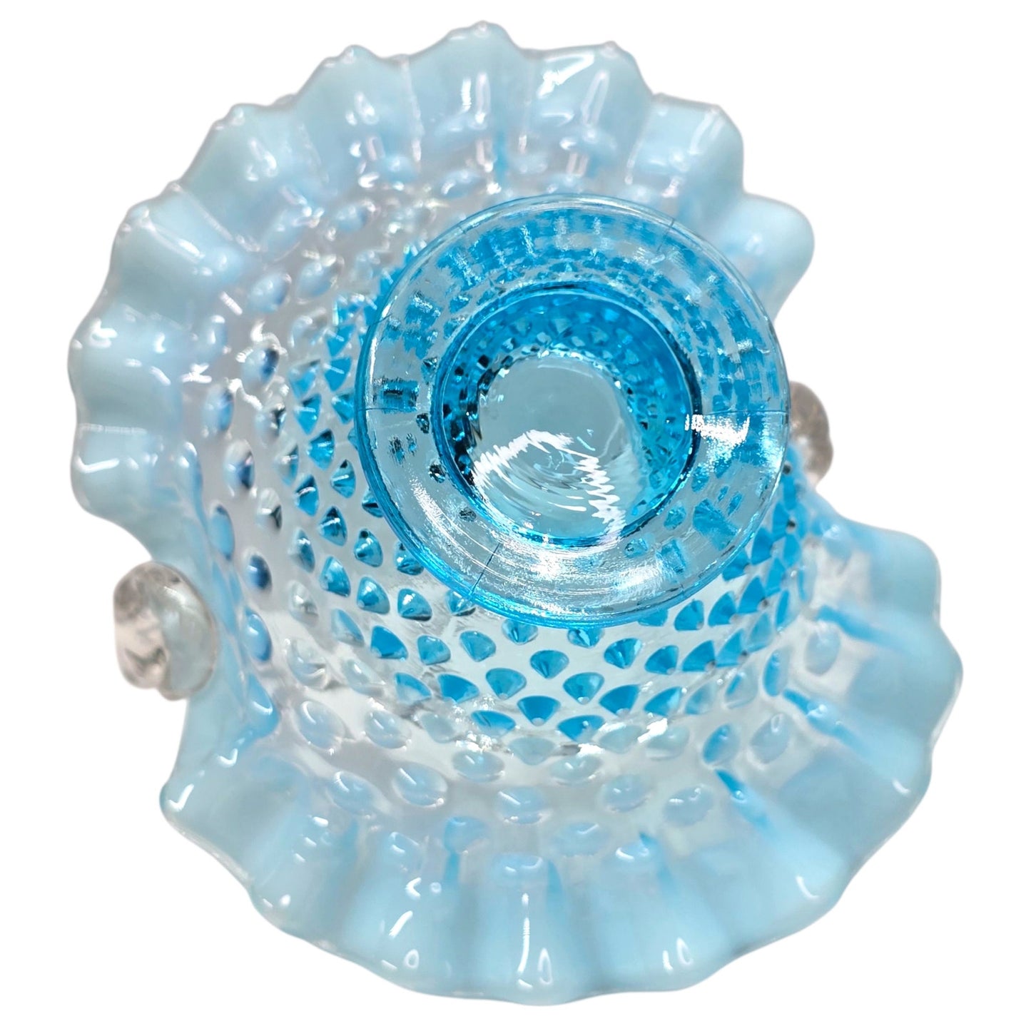 Fenton Blue Opalescent Hobnail Basket Set Uranium Reactive Ruffled Glass Pair