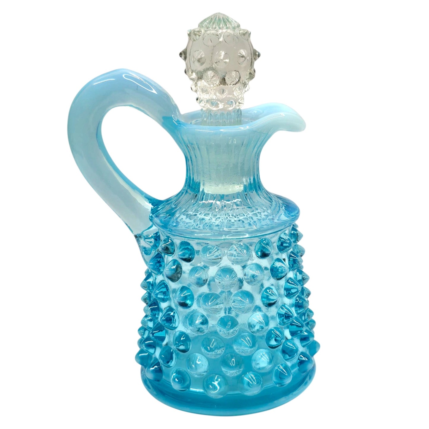 Fenton Blue Opalescent Hobnail Cruet w/ Stopper Uranium Reactive Art Glass