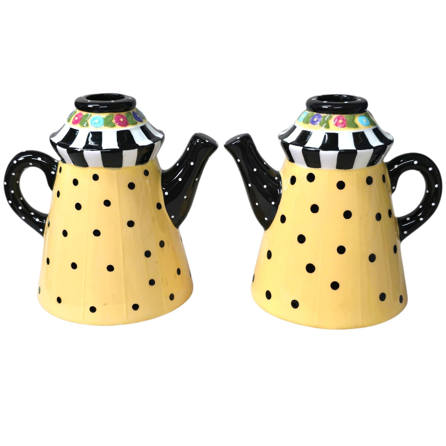 VTG 1998 Mary Engelbreit Yellow & Black Polk-A-Dot Teapot Candle Holders