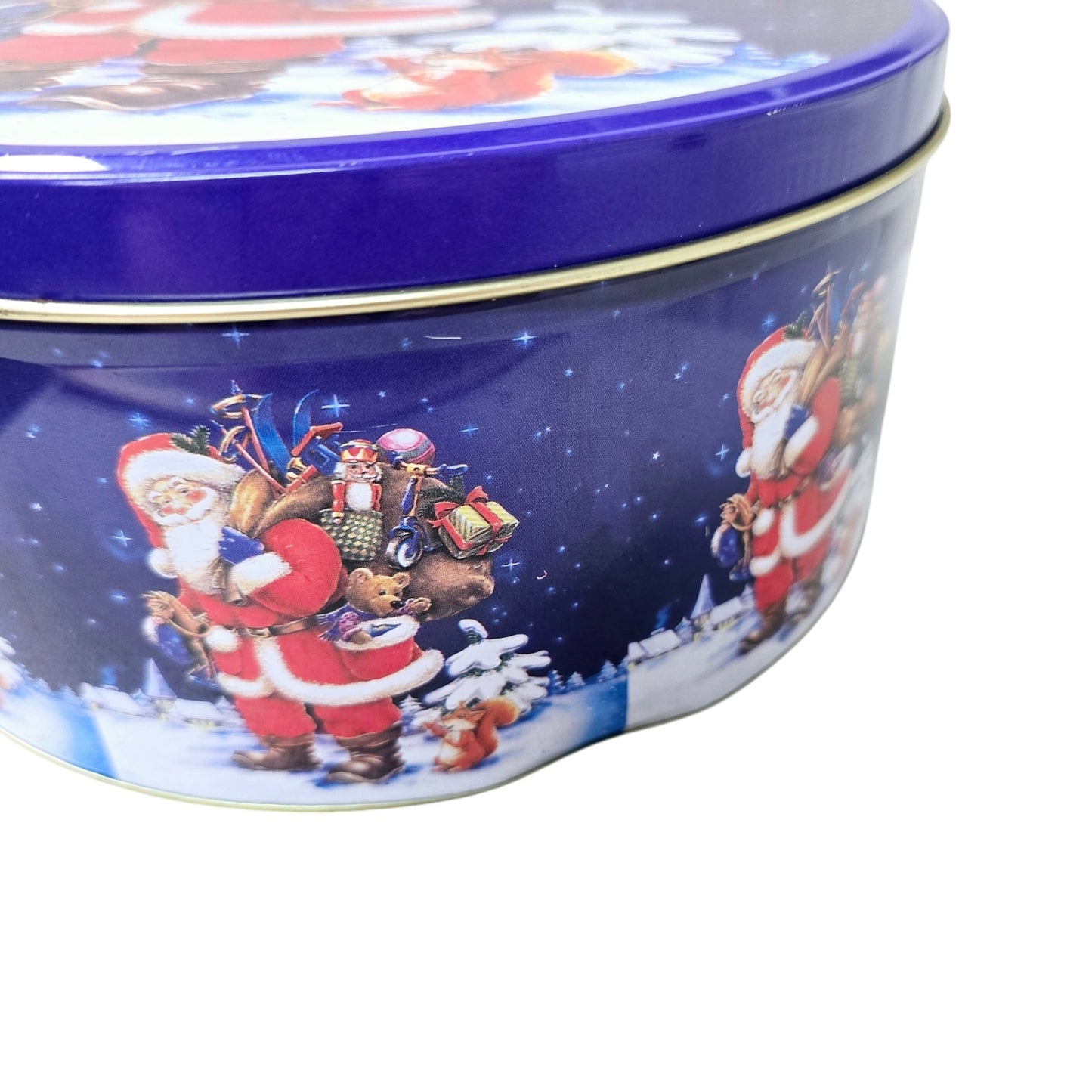 Set of 2 7" Holiday Christmas Tins Snowman Family is Love & Santa As Is Rim Dent