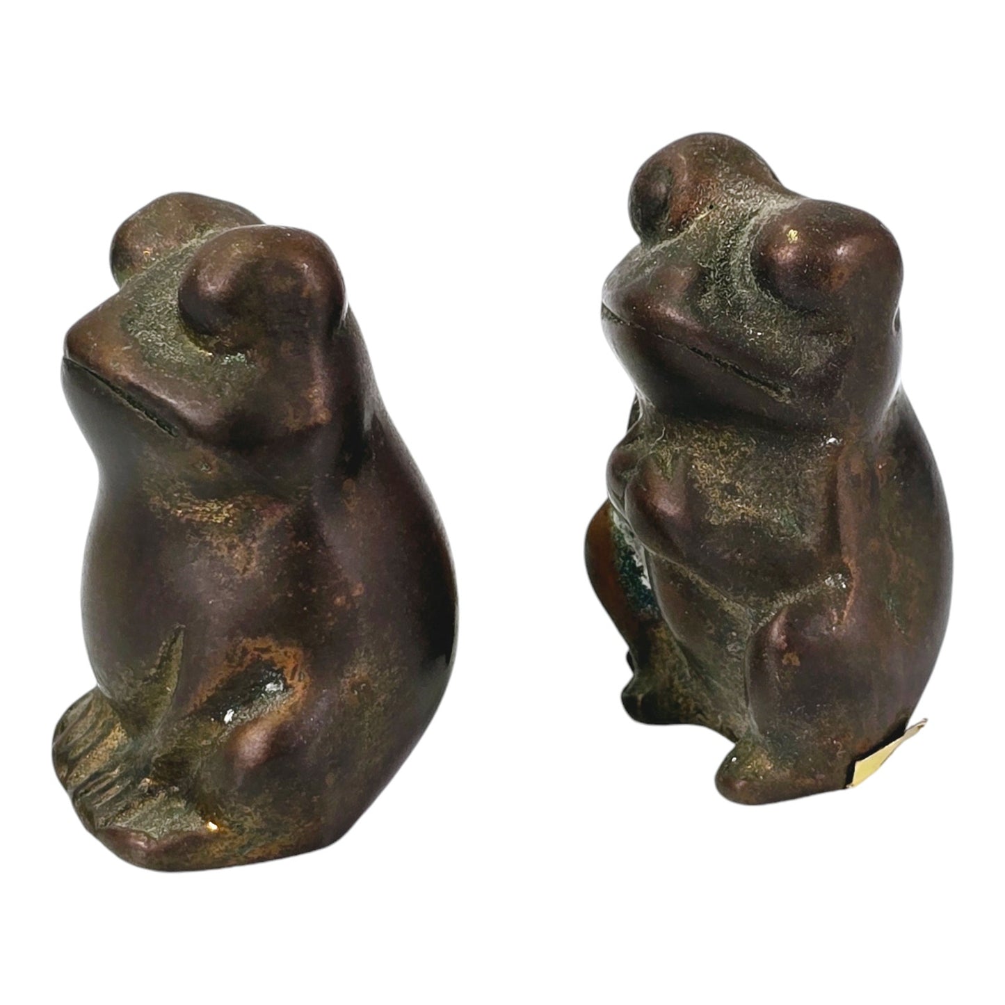 Set of 2 Miniature Brass Frog Figurines, with Patina, 1.5" H