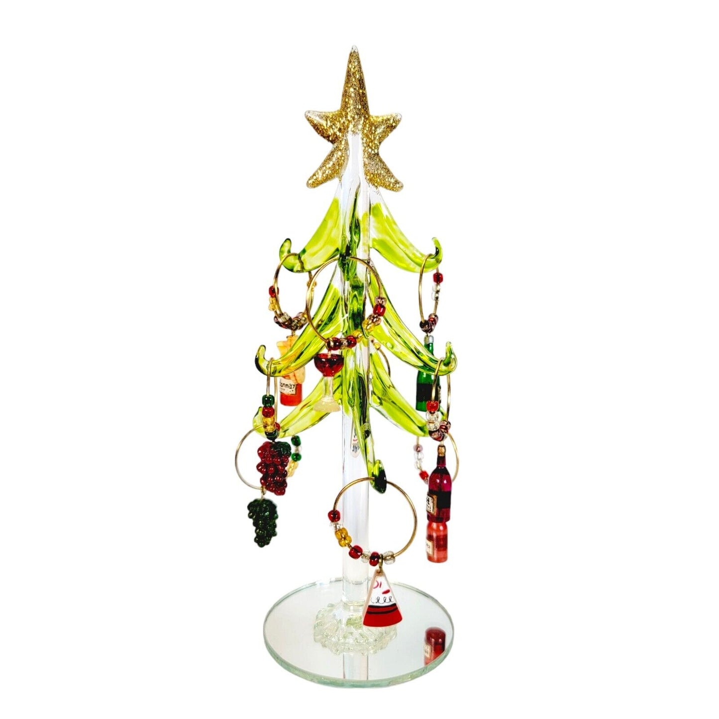 Art Glass Wine Charm Christmas Tree w/ 10 Wine Charms /Cocktail Charms, Mirrored