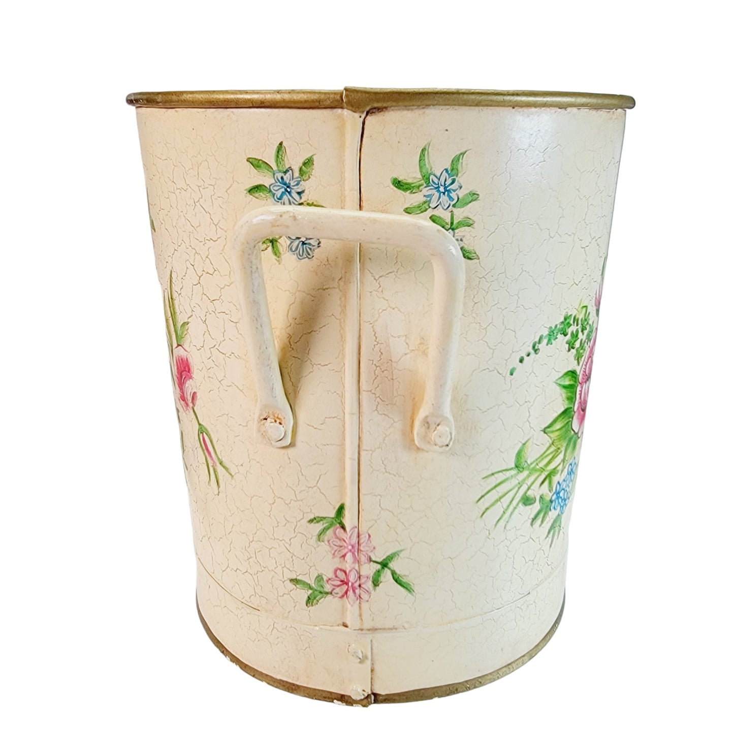 Vintage Anthropologie Floral Metal Waste Basket with Handles 8" H, Yellow with Red and Blue Flowers