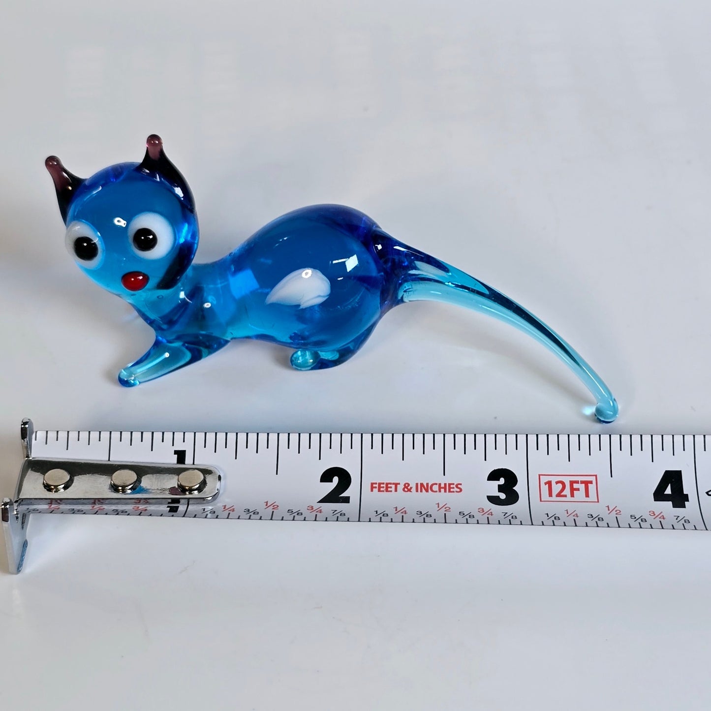 Handblown Blue Art Glass Cat, Laying Down, Blue Stretch Glass Cat