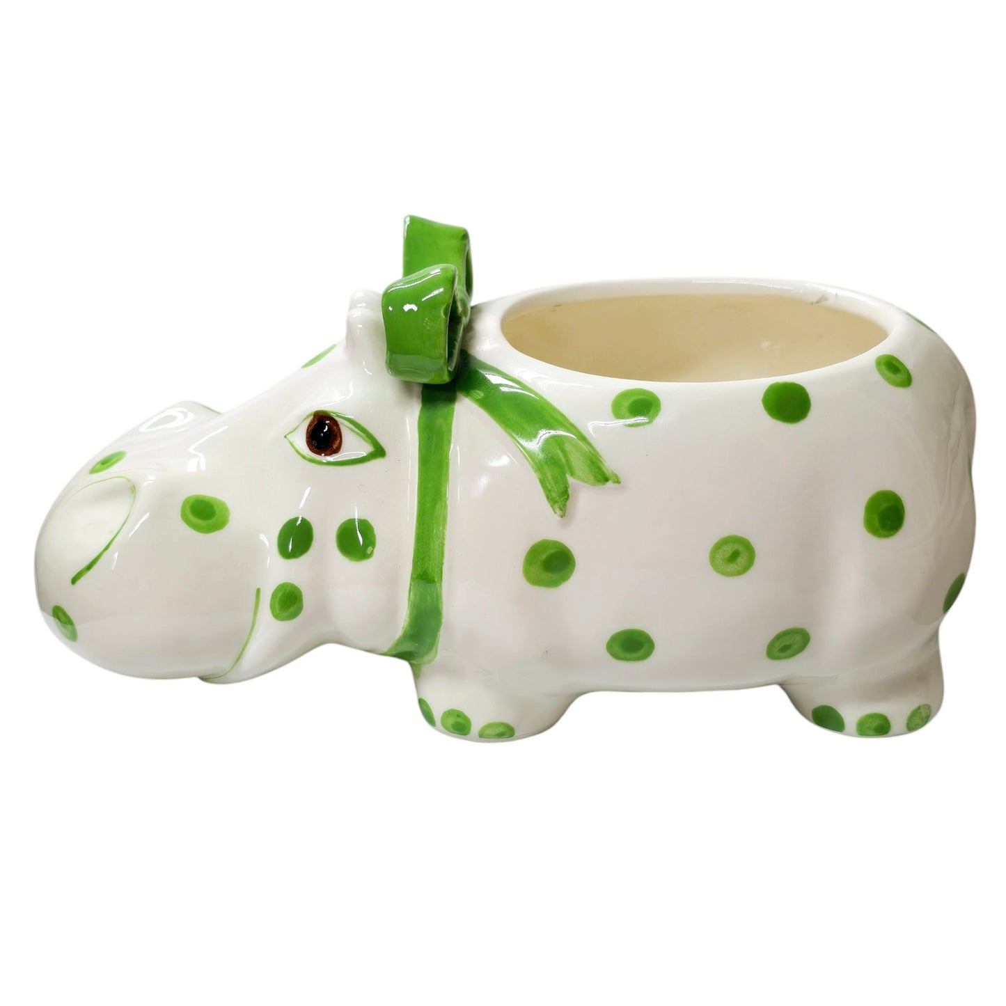 Large Ceramic Green Polkadot Hippo Planter with Green Bow 10" W