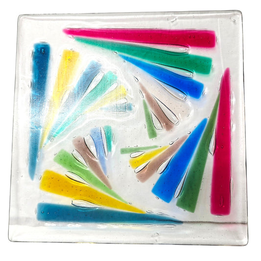 Fused Glass Decorative Tray Square Abstract Multicolor Art Glass Heavy Display