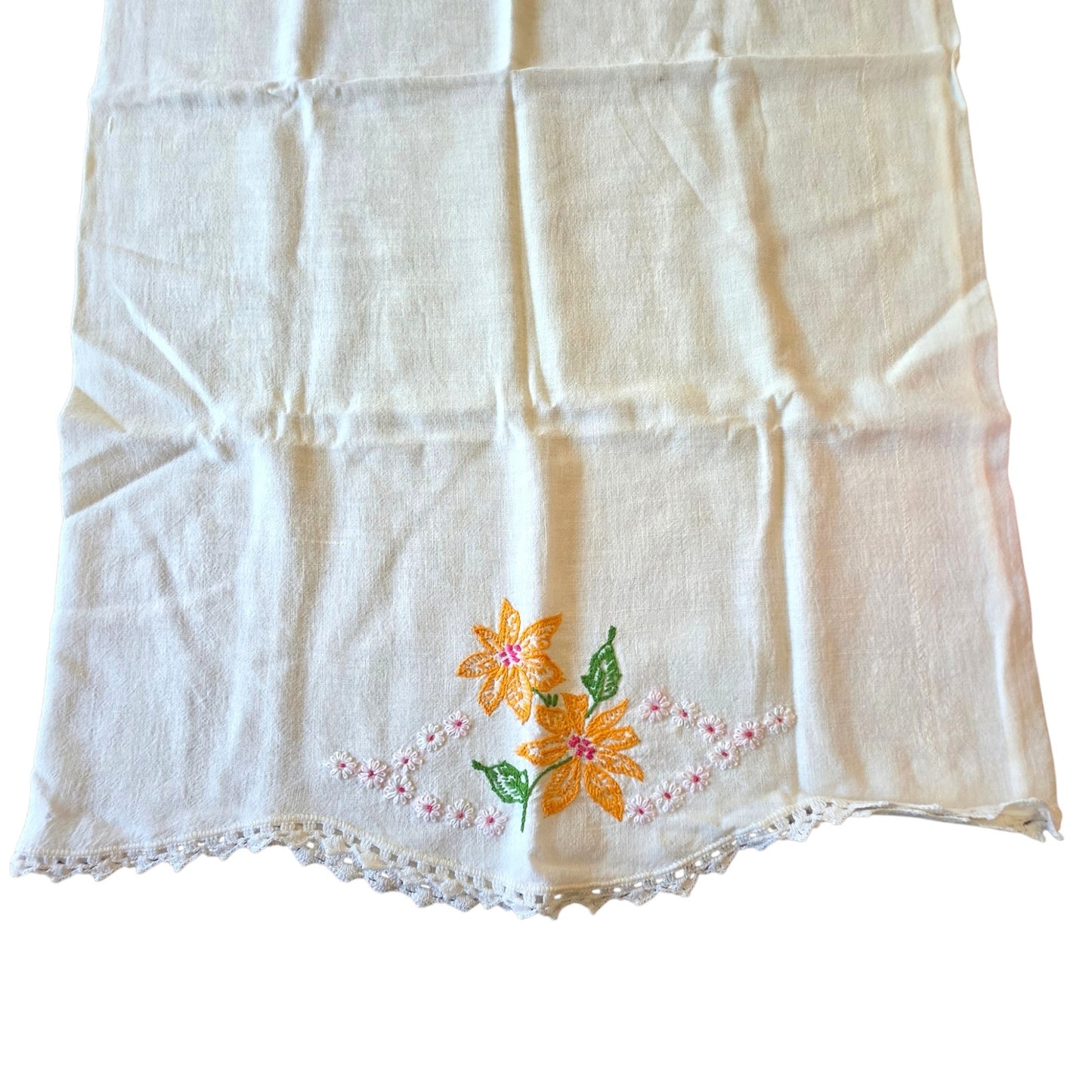 Vintage Embroidered Marigold Daisy Floral Pillowcase Crochet Lace
