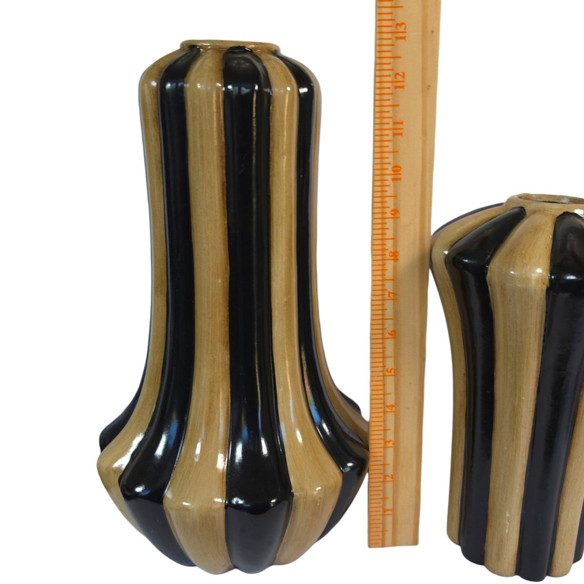 Art Deco Hollywood Regency Black Tan Fluted Ceramic Vases Set of 2 Hobby Lobby