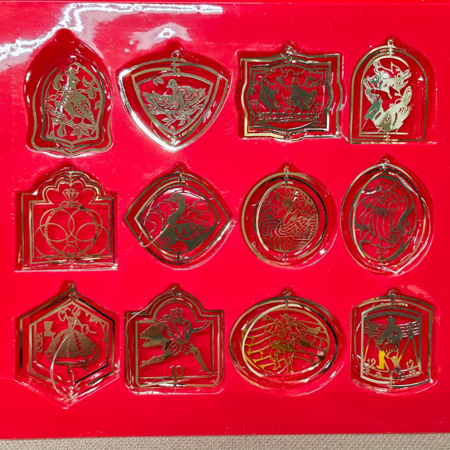 Vintage 12 Days of Christmas Silverplated Cut-Out Ornaments in Original Box