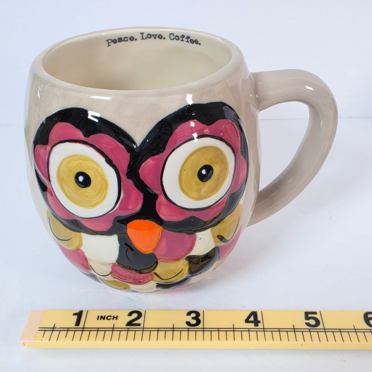 Natural Life Owl Coffee Mugs Set of 2 Peace Love Coffee Cream Colorful