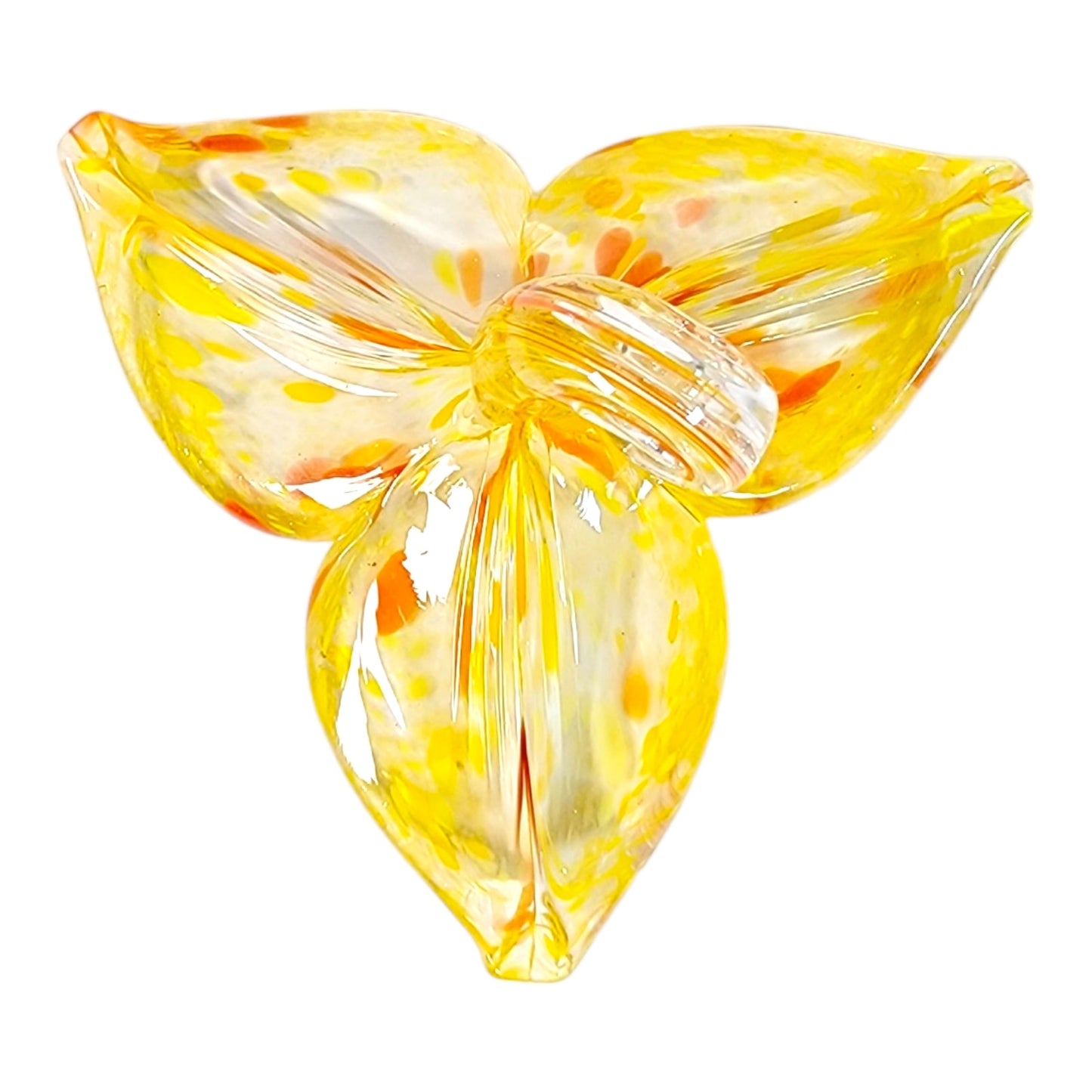 Hand-Blown Art Glass Flower with Stem in Yellow and Orange Flower, 3 Leaf Flower- Noneya