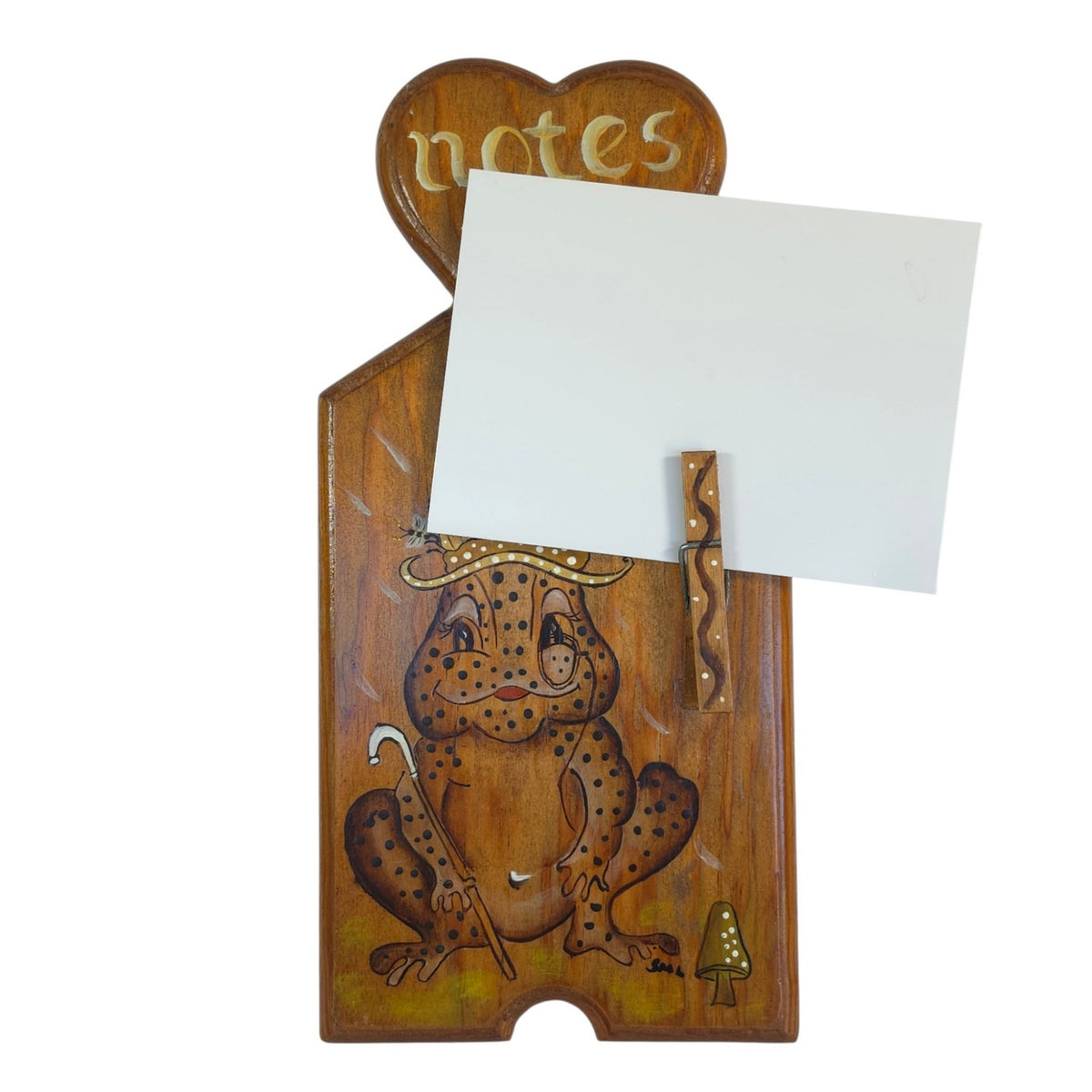 Vintage Wooden Frog Note Holder Wall Plaque Hand Painted Folk Art 11.25"