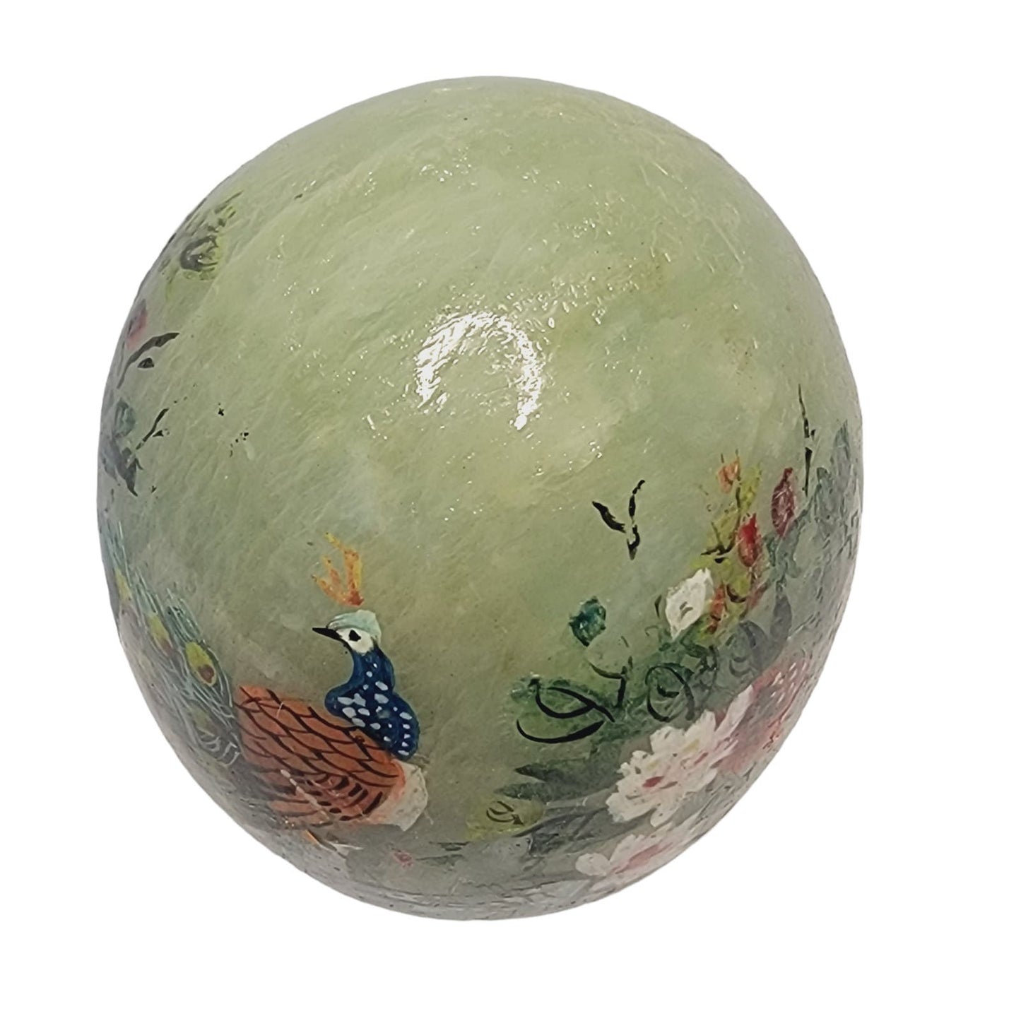 Vtg Genuine Alabaster Hand Painted Egg Paperweight Peacock Flowers Lake Easter