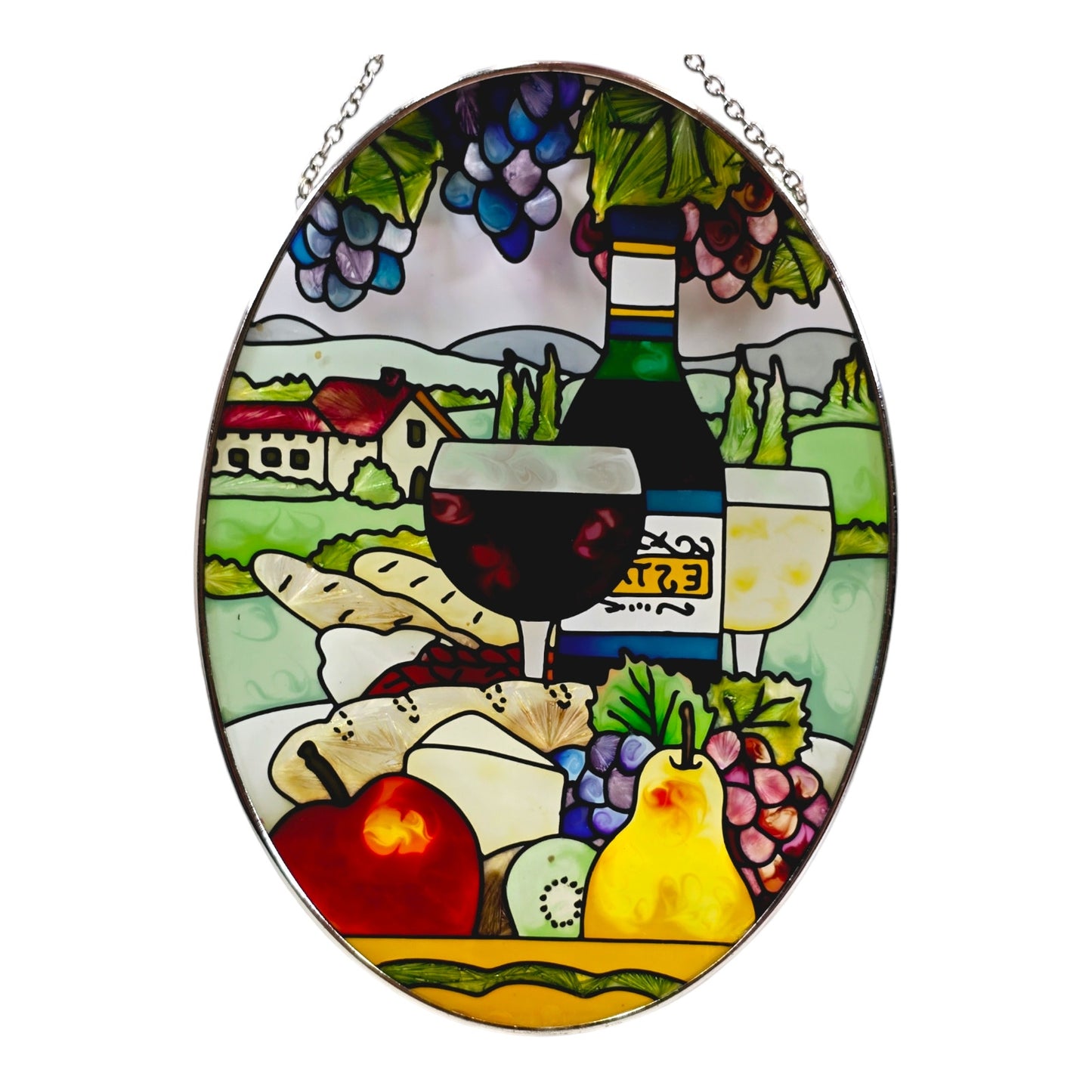 Hand-Painted Wine and Cheese Stain Glass Suncatcher 9" H x 6.5" W