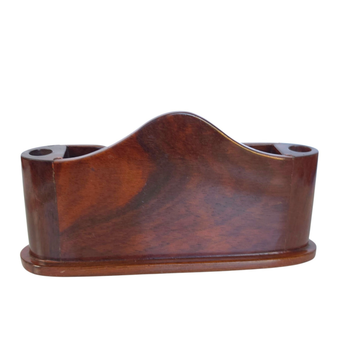 Vintage Wood Desk Organizer Mother of Pearl Inlay Memo Pen Holder Business Card