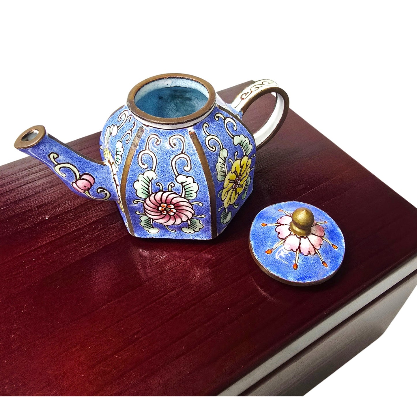 Vintage Miniature Cloisonné Enamel Teapot with Wooden Box - Lined Keepsake Set