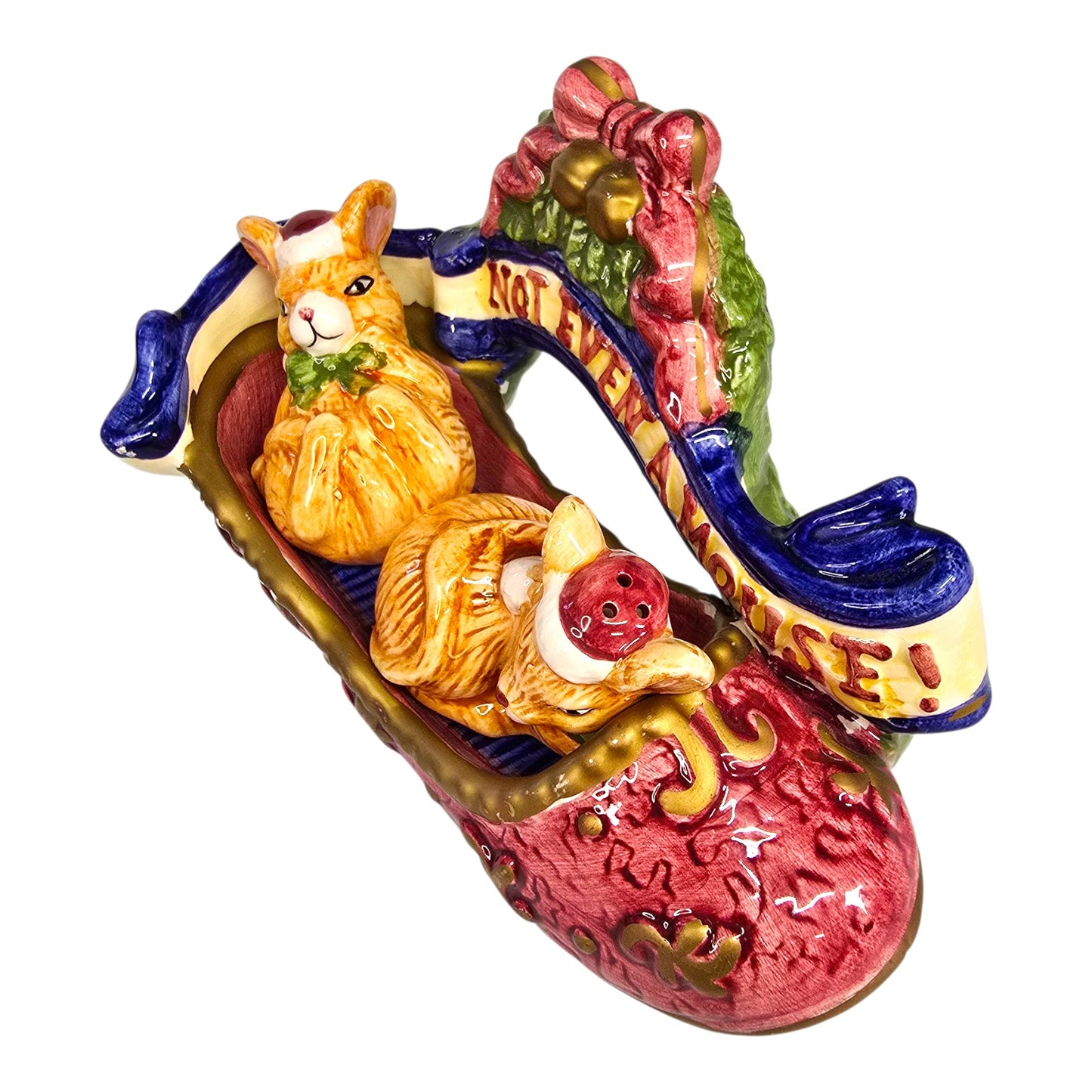 Vtg "Not Even A Mouse" Salt & Pepper in Shoe Hermitage Pottery Holiday Christmas