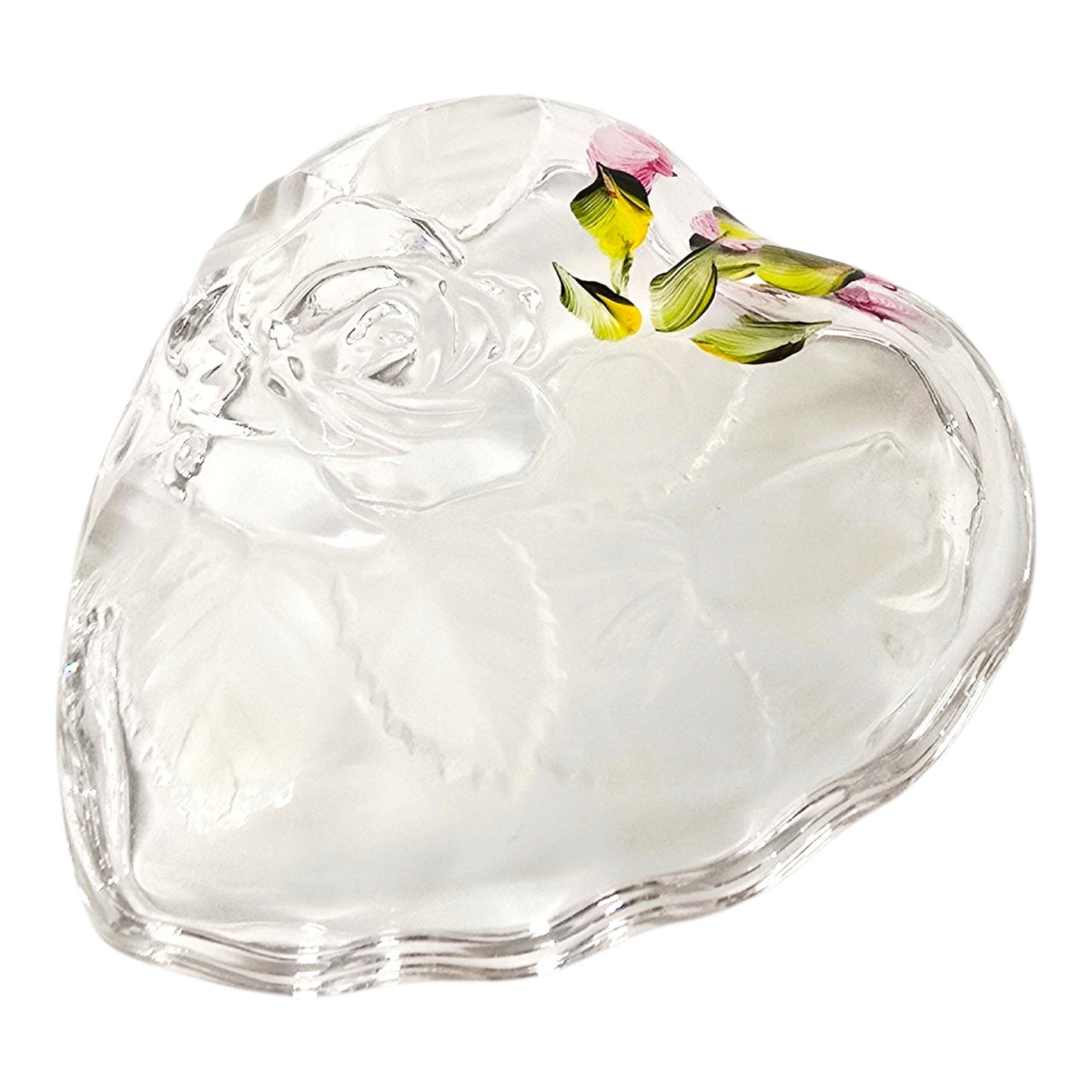 Hand-Painted Vintage Glass Heart Trinket Box | Frosted Embossed Rose Valentine's