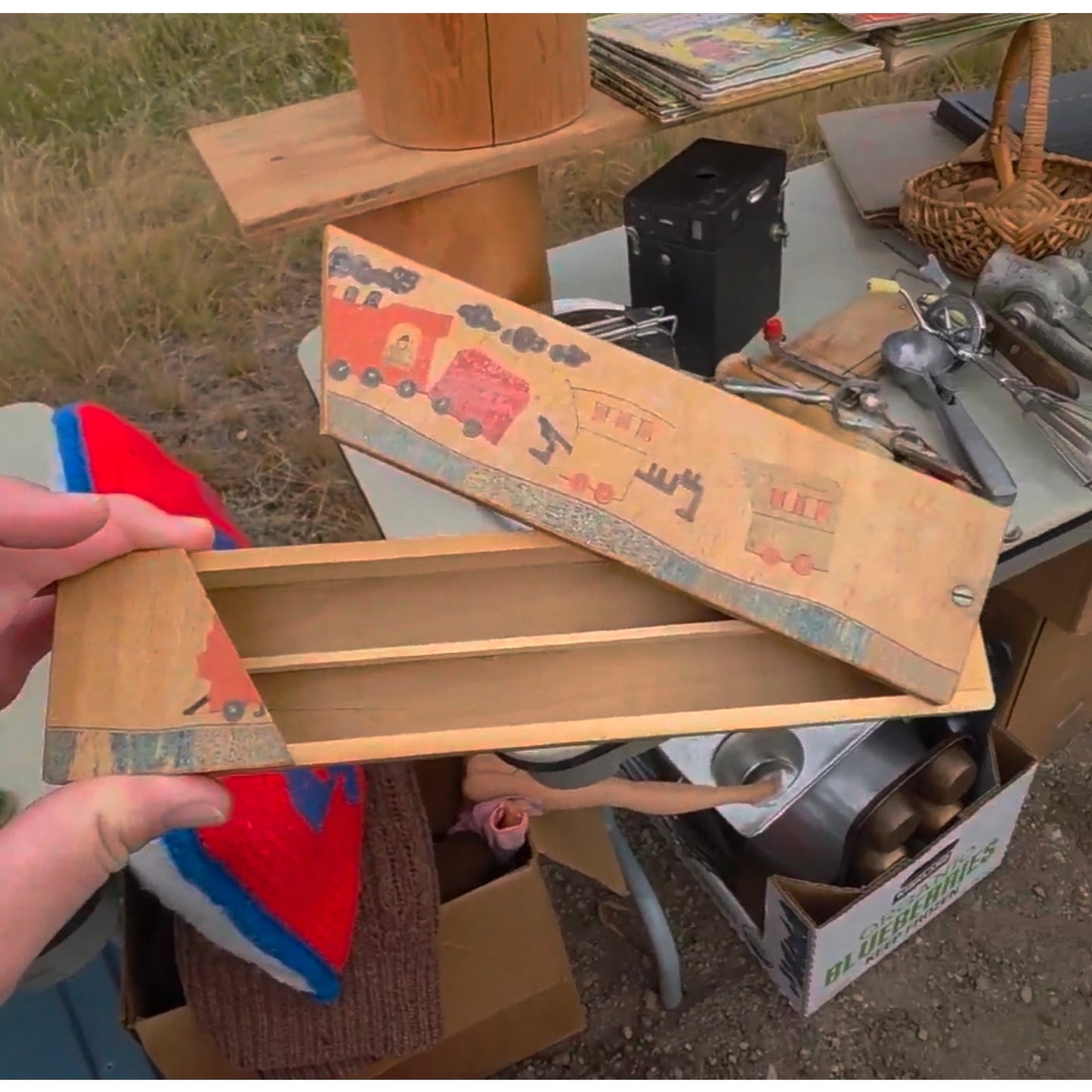 AS SEEN ON VIDEO: Vintage Wooden Sliding Lid Pencil Box - Hand-Painted Train Motif - Retro School Stationery