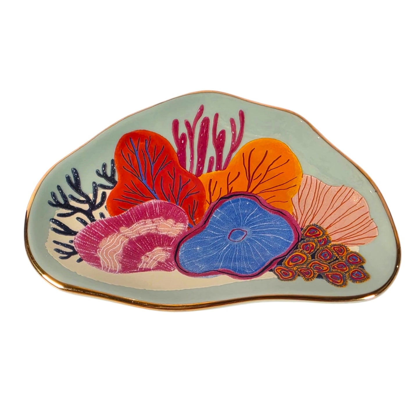 Danica Studio Neptune Trinket Tray Mint Green Ceramic Coral Gold Trim Dish