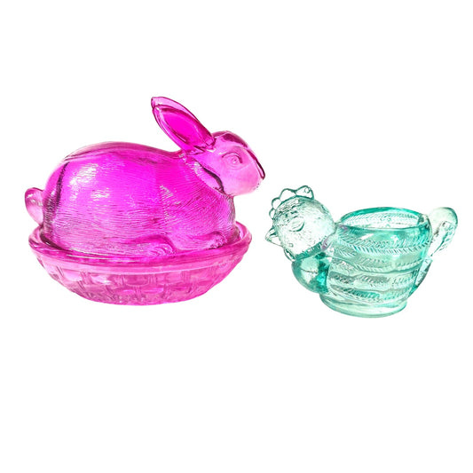 Fuchsia Pink Glass Bunny on Nest & Turquoise Blue Chicken Tealight Egg Holder